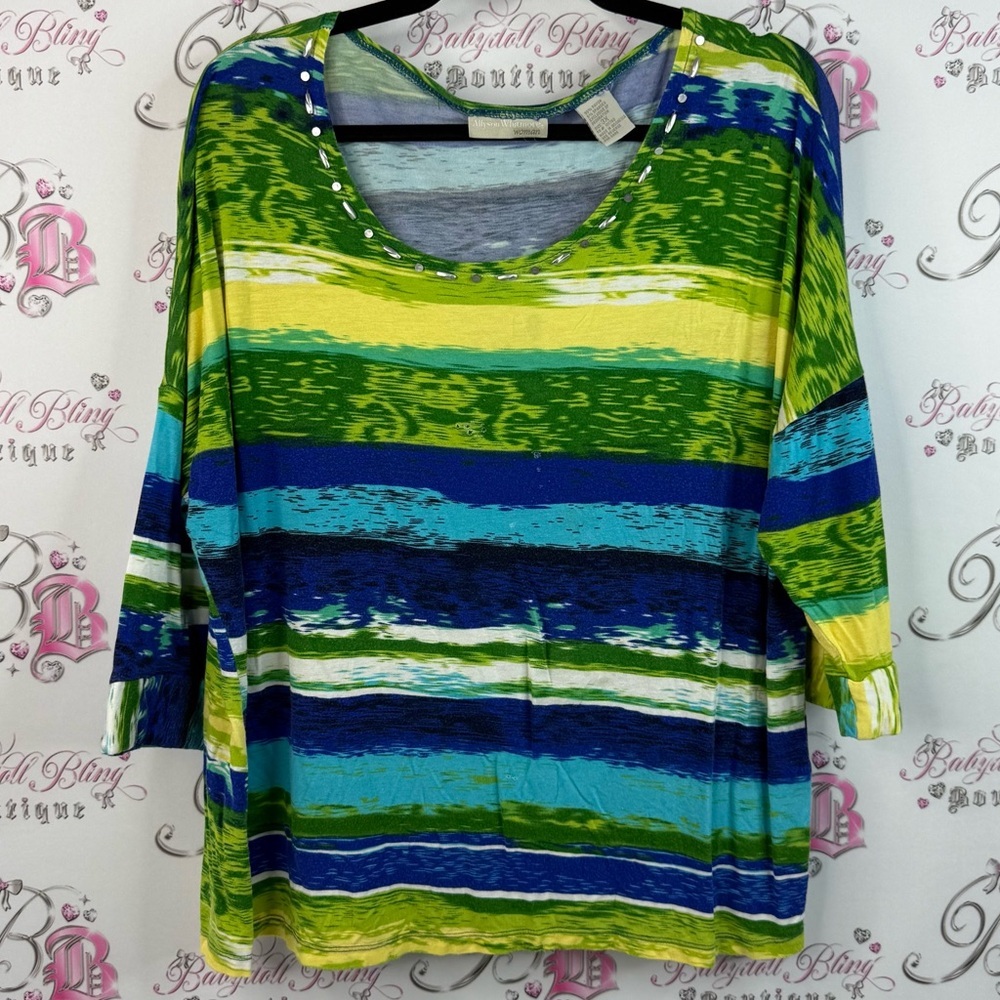 Allyson Whitmore top shirt striped colorful Green Blue Striped Long Sleeve Top